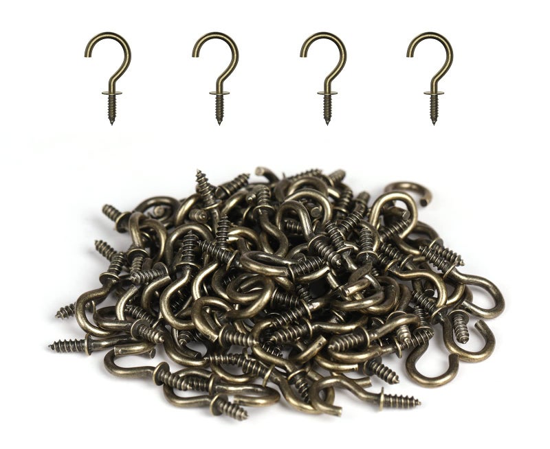 RELBRO 100 Pcs Small Screw Hooks  1/2 Inch Bronze Mini Screw in Jewelry Hooks Tiny Metal Screw Wood Ceiling Wall Hooks for Jewelries Crafts Keys Caps Plants String Lights Wreaths - Image 1